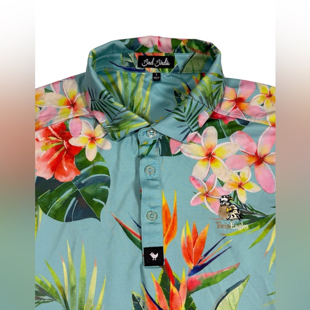 Bad Birdie Golf Polo Large Tropical Floral Performance Stretch Twin Eagle Golf